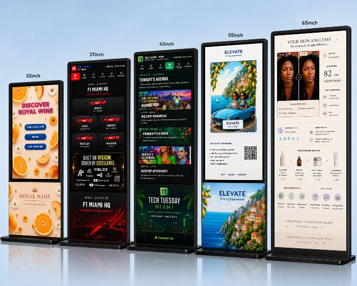 PowerWyze RoboKiosk sizes 32 inch through 65 inch shown branded for real activations