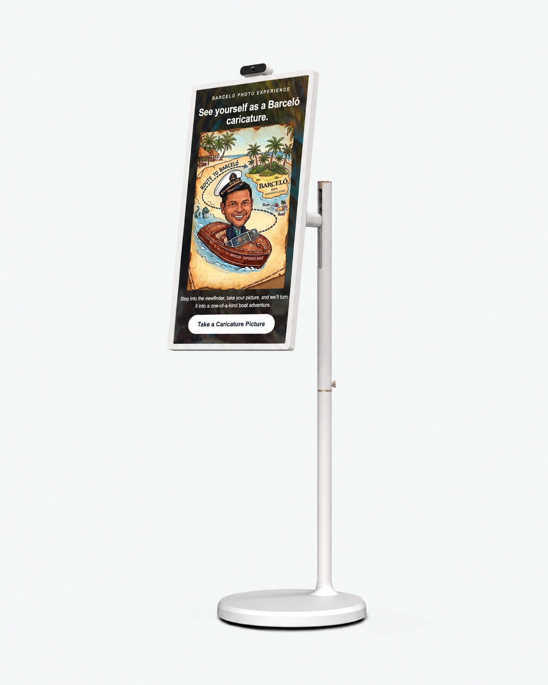 White Smart Station displaying the Barceló kiosk demo — screen mockup